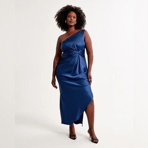 Abercrombie & Fitch One-Shoulder Satin Knotted Midi Dress Royal Blue Size XS